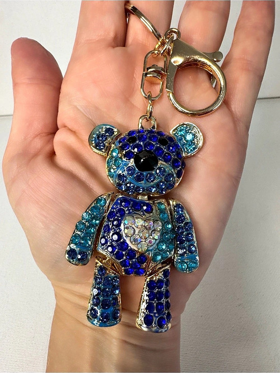 Accessories - Rhinestone Bear Keychain Bag Charm Blue & Gold Bling